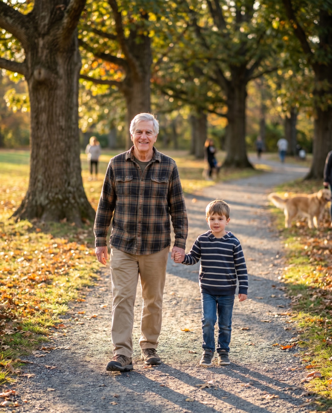 A grandfather walking pain-free with his grandchild